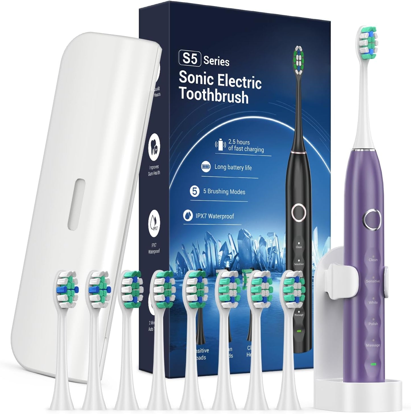 Electric Toothbrush for Adults with 8 Brush Heads, Sonic Toothbrush Rechargeable with a Holder & Travel Case