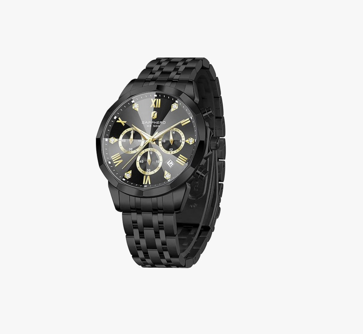 SAPPHERO Men's Watch Chronograph Diamond Stainless Steel - BLACK