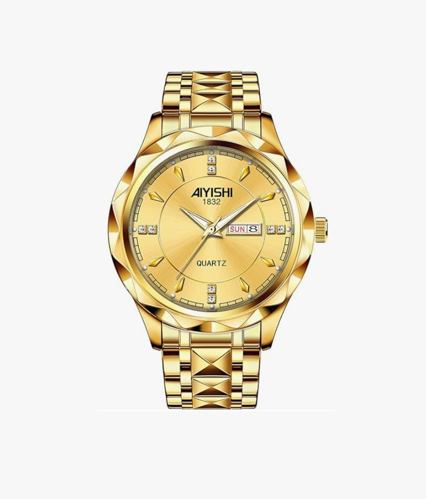 Men's Analog Quartz Watch with Date Display & Luminous Hands Waterproof - GOLD