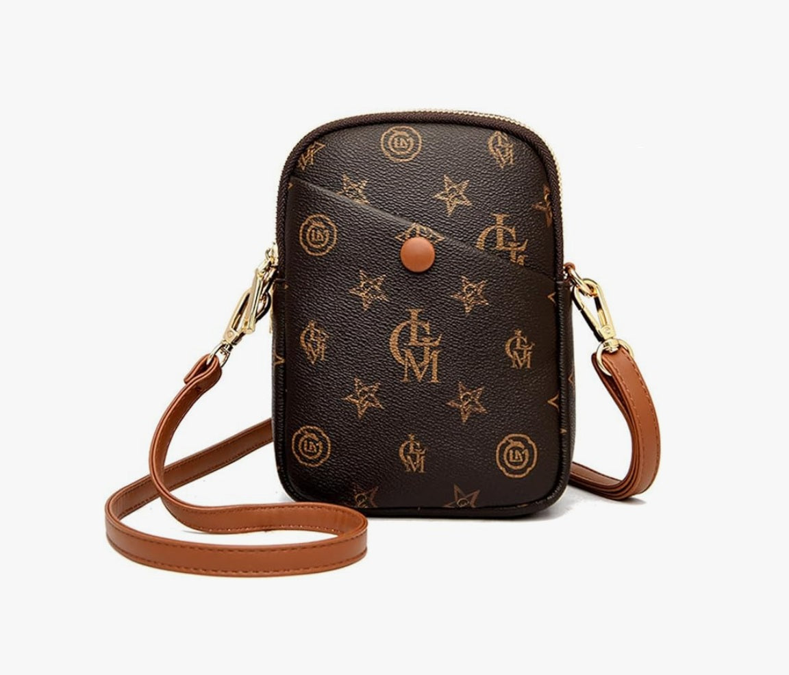 Women Small Vertical Cell Phone Purses Vintage Print Crossbody Bags - Brown
