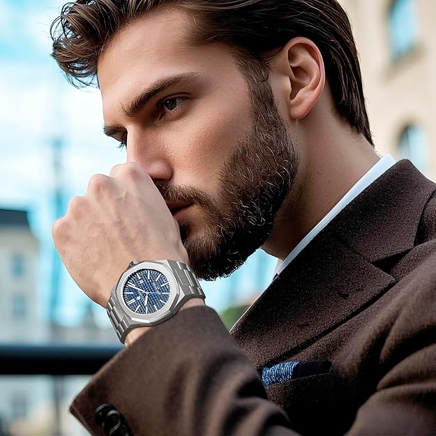 SAPPHERO Men's Watch Octagonal Stainless Steel - SILVER BLUE