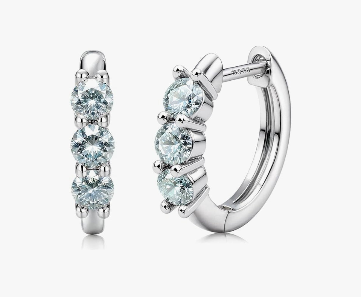 Moissanite Earrings Hoops , 18K White Gold Plated 925 Sterling Silver- Blue