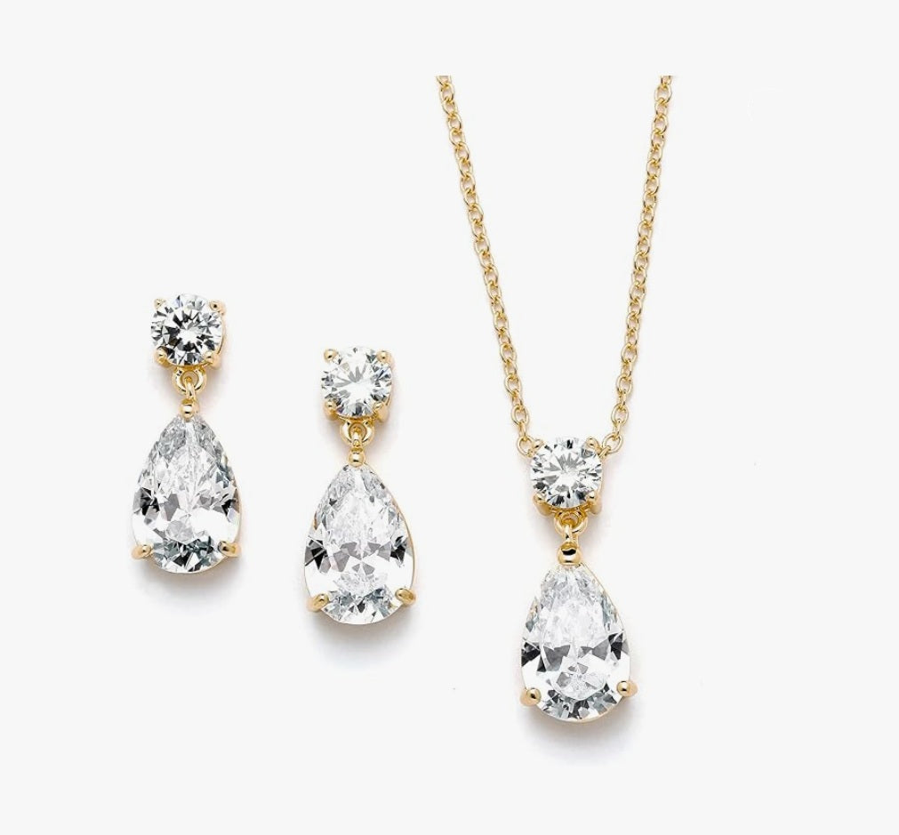 Mariell 14K Gold Plated CZ Teardrop Bridal Necklace and Earring Set