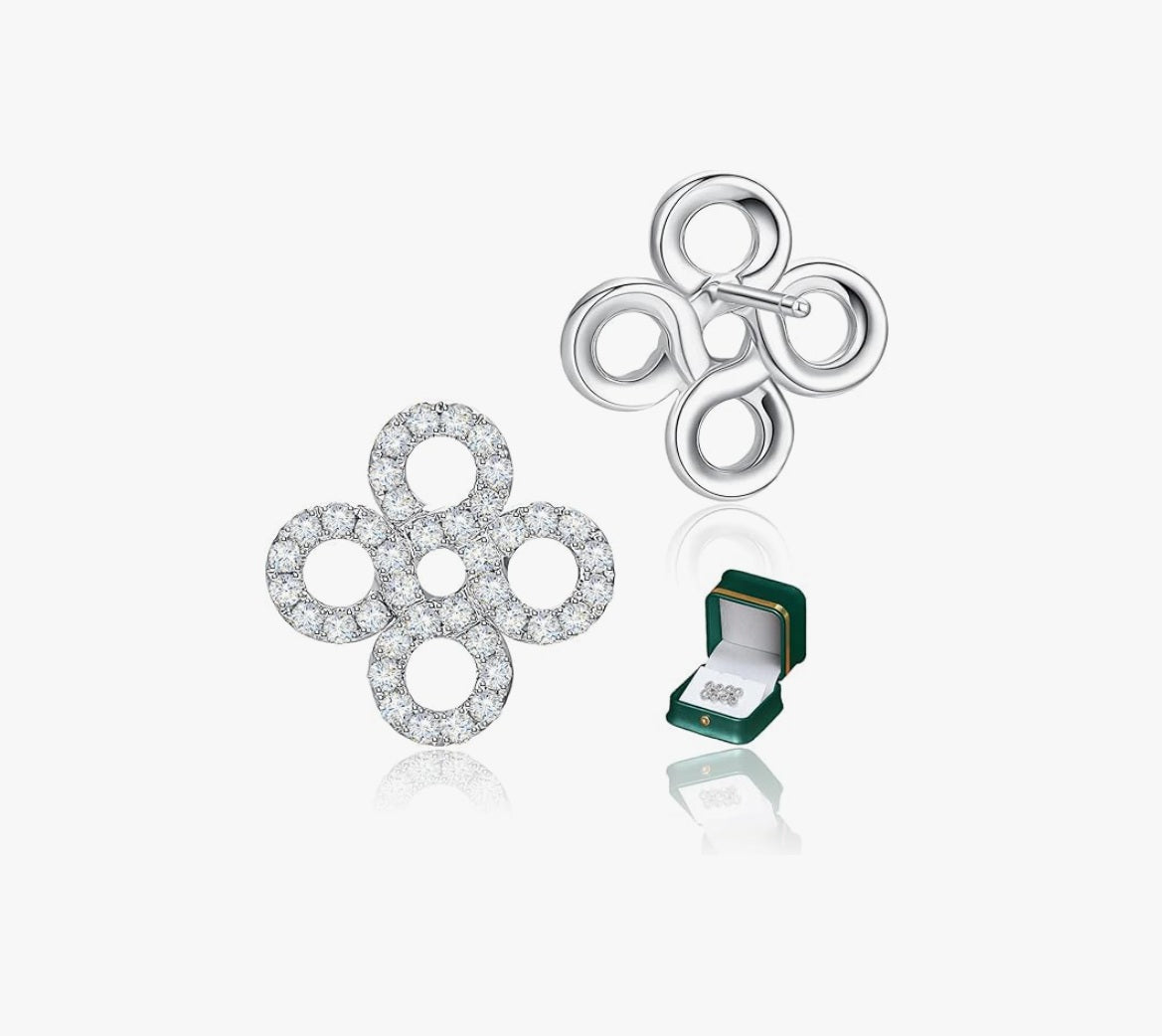 Four Leaf Clover Moissanite Stud Earrings for Women, D Color VVS1 Round Cut