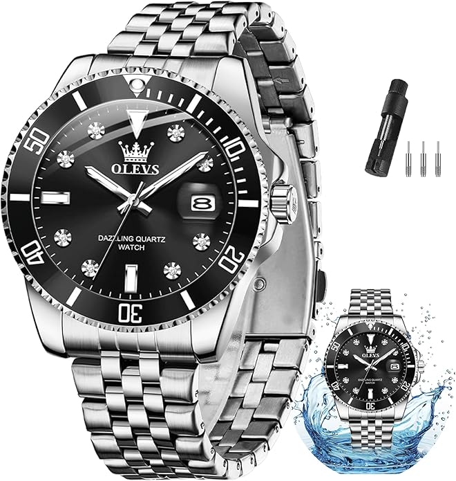 OLEVS Watch for Men Stainless Steel Luxury Diamond 40 mm- BLACK