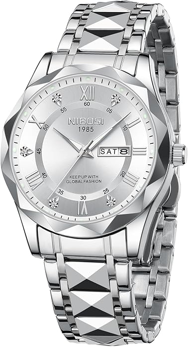 Watch Men Analog Quartz Diamond Stainless Steel Waterproof 42mm