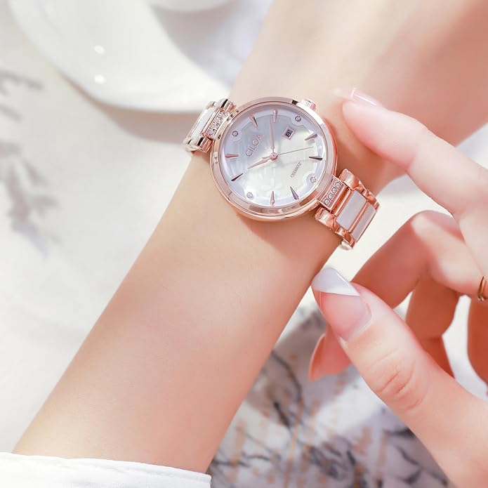 Women's Ceramic Bracelet Watch Luxury Diamond - ROSE Gold / White