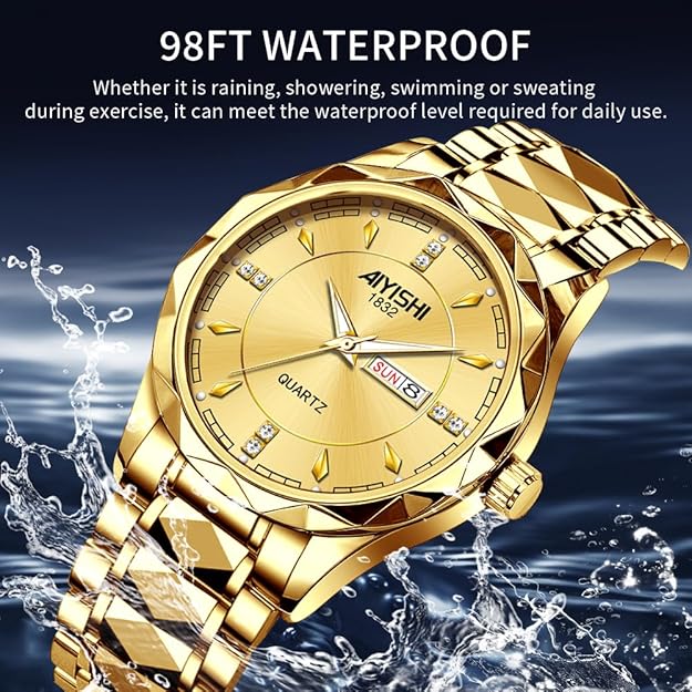 Men's Analog Quartz Watch with Date Display & Luminous Hands Waterproof - GOLD