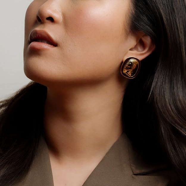 Hammered Gold & Maroon Oval Statement Earrings