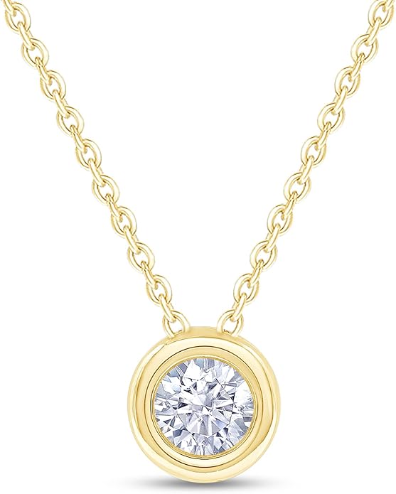 Necklace 18K Gold Plated Bezel-Set Solitaire, 6.5MM Moissanite Diamond - 0.9 CT