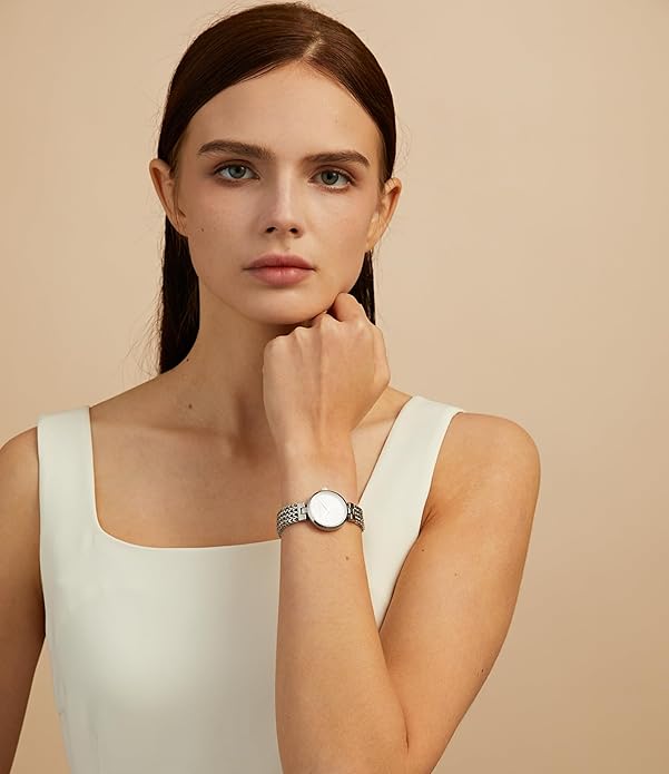 Dainty Gold Watch for Women: Mother of Pearl Dial with Diamond Time Markers