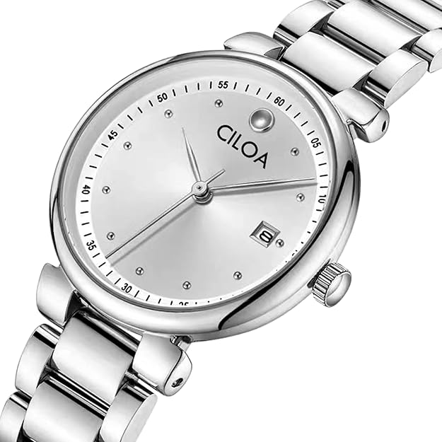 CILOA Watches for Women Waterproof - Silver Round Dial Stainless Steel, 30 mm