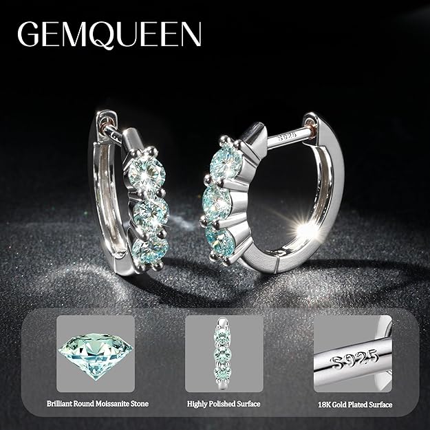 Moissanite Earrings Hoops , 18K White Gold Plated 925 Sterling Silver- Blue