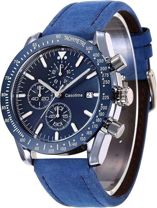 Watch Men Leather Band Chronograph 45mm, 30M Waterproof Quartz - BLUE