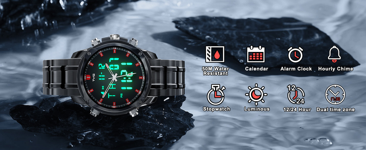 TVG Watch for Men Digital / Analog 50M Waterproof - Black