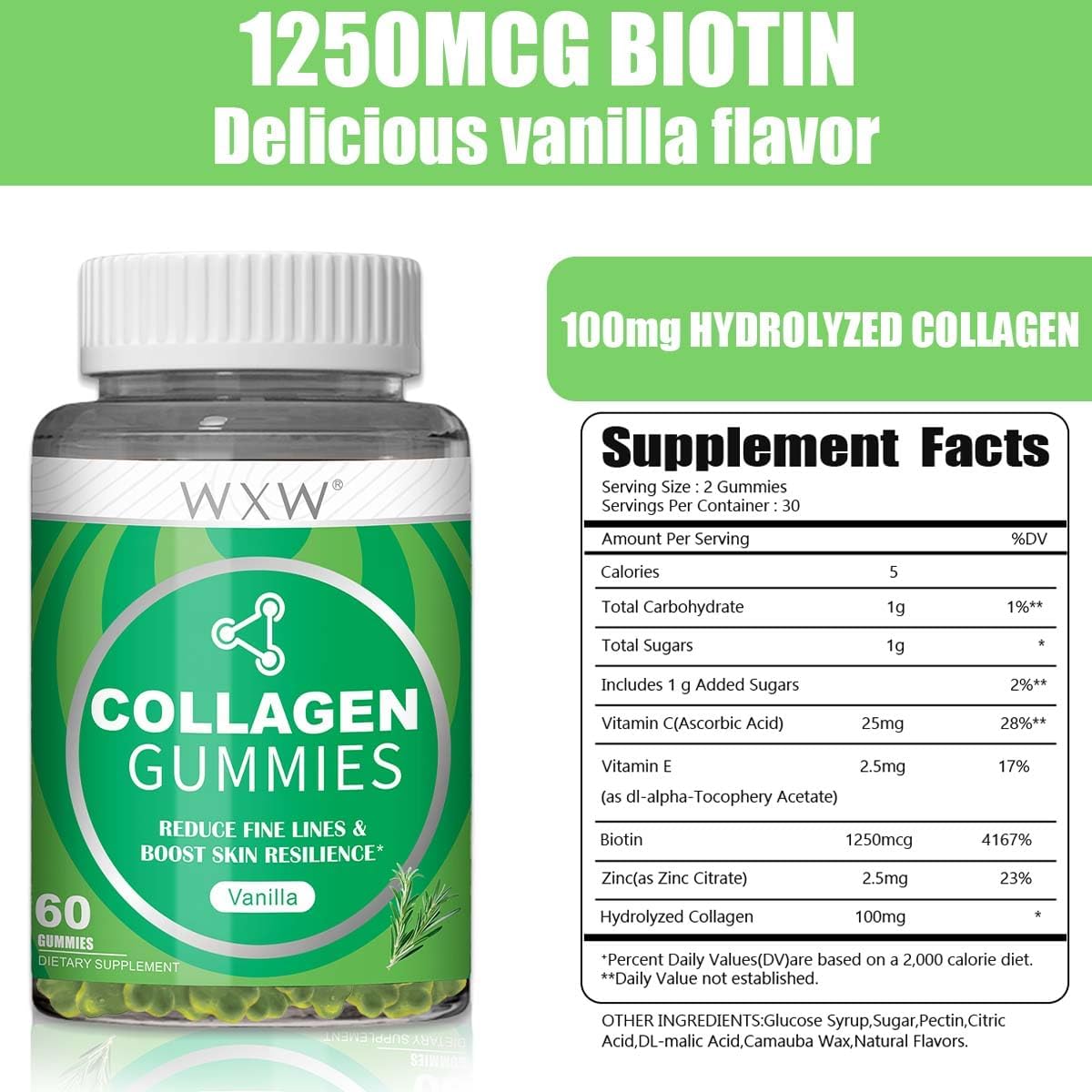Collagen Peptides Gummies Non-GMO Anti-Aging Formula with Biotin, Vanilla- 60 pcs