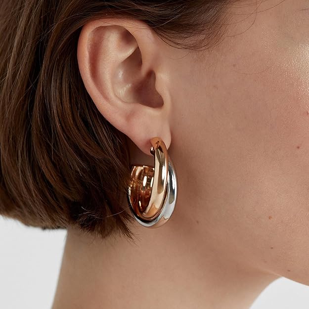 Two Tone Hoop Earrings-Gold Silver Chunky Twisted Hoops