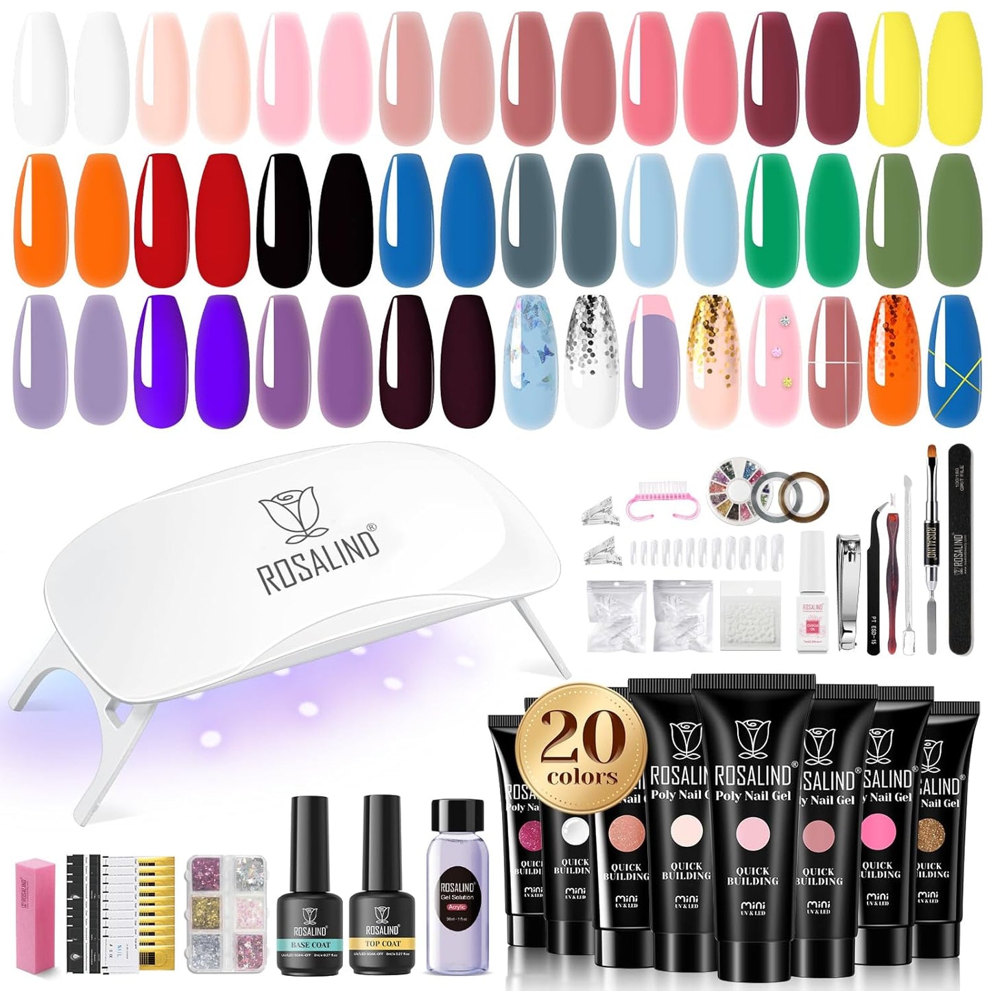 ROSALIND 20 Colors Poly Nail Gel Kit with Mini Nail Lamp