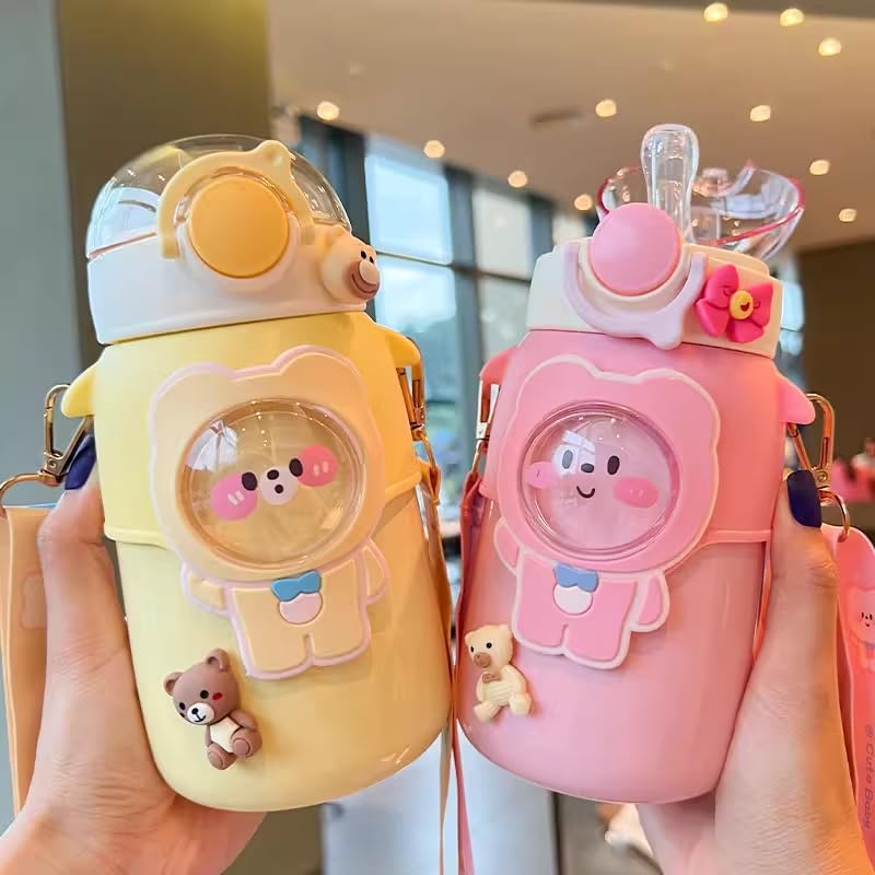 Kawaii Insulated Water Bottle with Straw 20oz Cute Stainless Steel - Yellow