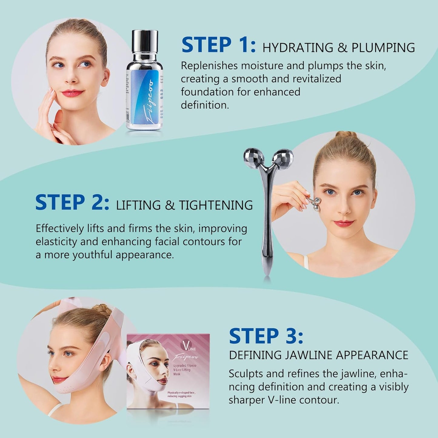 V Line Lifting Kit for Women, Double Chin Strap w/ 3D Face Roller & Hyaluronic Acid Serum