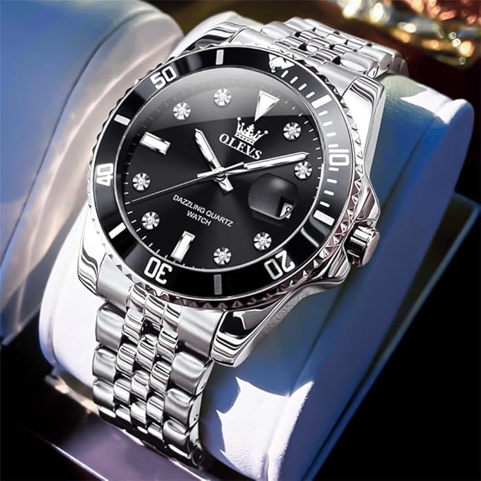 OLEVS Watch for Men Stainless Steel Luxury Diamond 40 mm- BLACK
