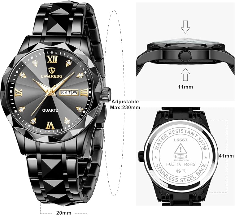 Watch for Men Diamond Analog Quartz 41mm -BLACK
