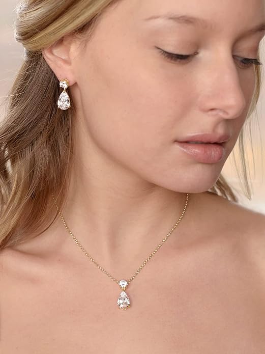 Mariell 14K Gold Plated CZ Teardrop Bridal Necklace and Earring Set