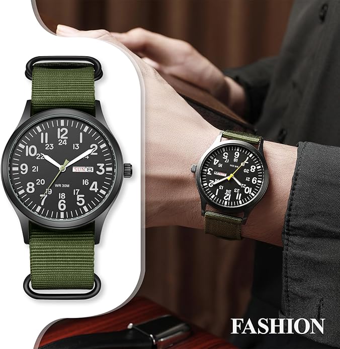 Men's Tactical Military Watch Green Nylon Strap - BLACK face 40mm