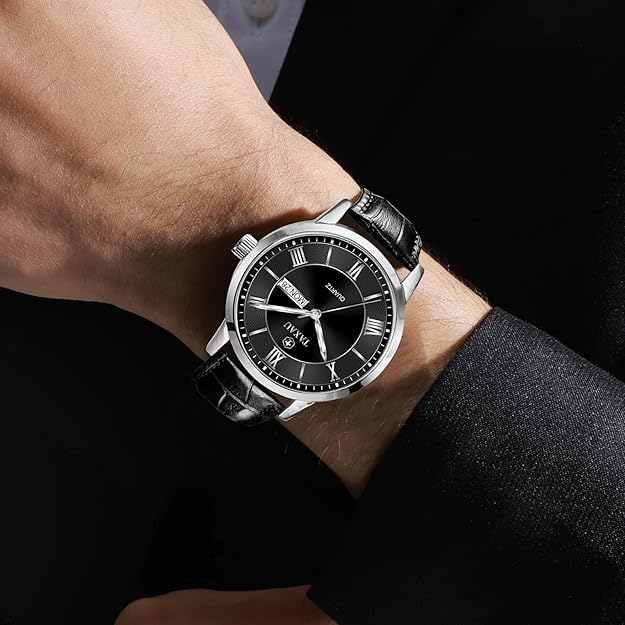 TAXAU Men's Watch Leather Luxury Dress Analog Quartz, 41mm- Black