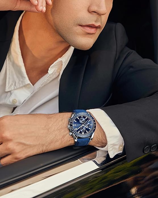 Watch Men Leather Band Chronograph 45mm, 30M Waterproof Quartz - BLUE