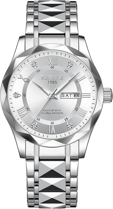 Watch Men Analog Quartz Diamond Stainless Steel Waterproof 42mm