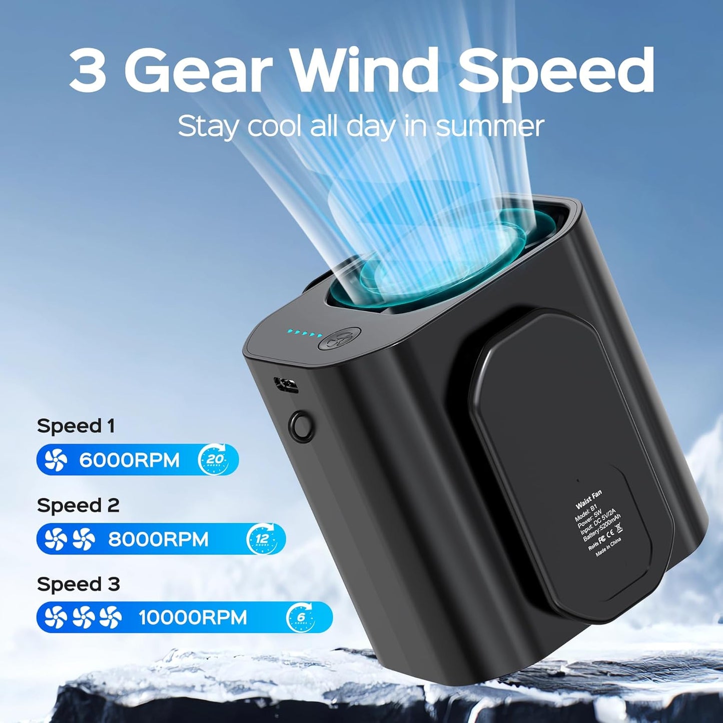 Portable Waist Clip Fan, Up to 20Hrs Mini Personal Rechargeable