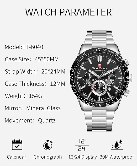 Watch for Men Analog Quartz Waterproof Chronograph Big Face 47mm - BLACK