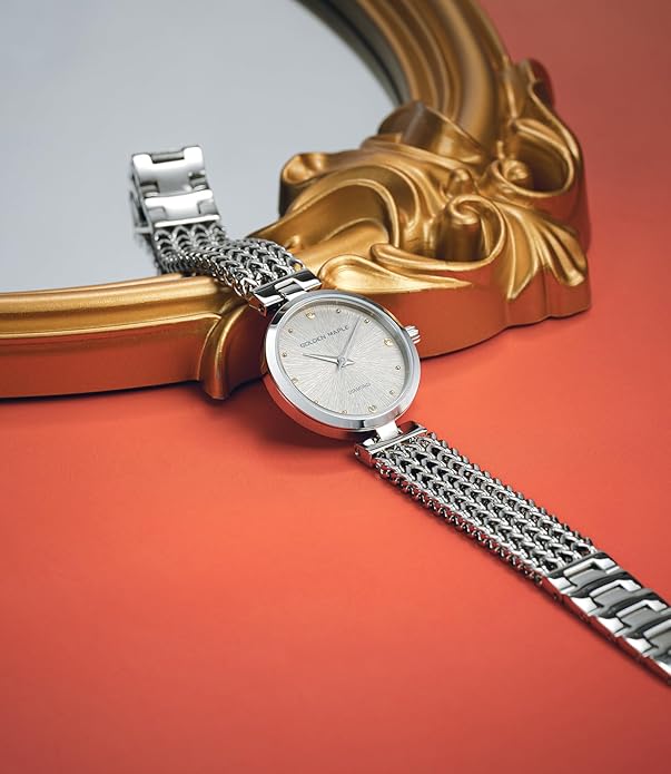 Dainty Gold Watch for Women: Mother of Pearl Dial with Diamond Time Markers