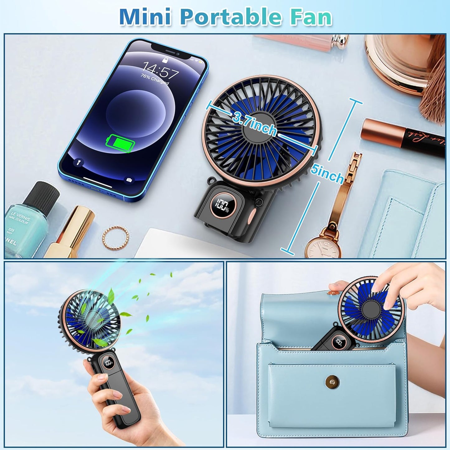 Fan Portable with LED Display,3-in-1 180° Foldable with 6 Speed