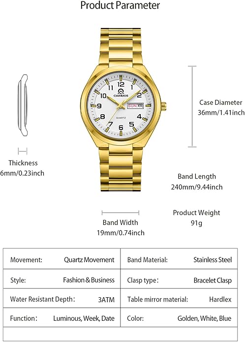 Men's Quartz Watch, Gold Stainless Steel Bracelet 36mm