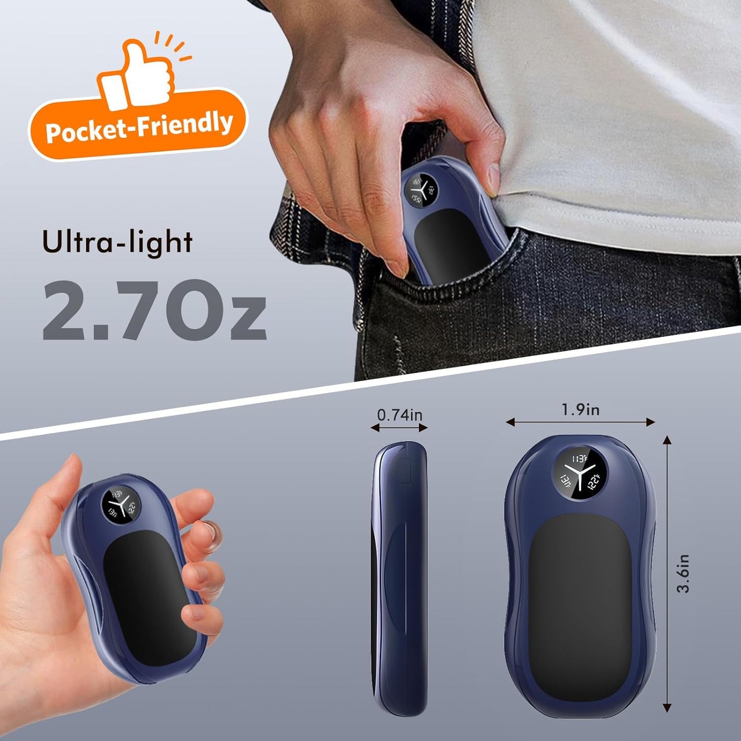 Hand Warmers Rechargeable 2 Pack: 6000mAh Portable - BLUE
