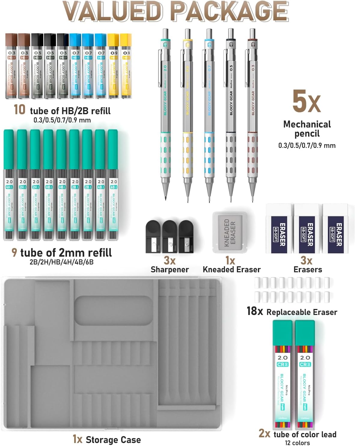 Nicpro 36PCS Blocky Gear Mechanical Pencil Set with Case