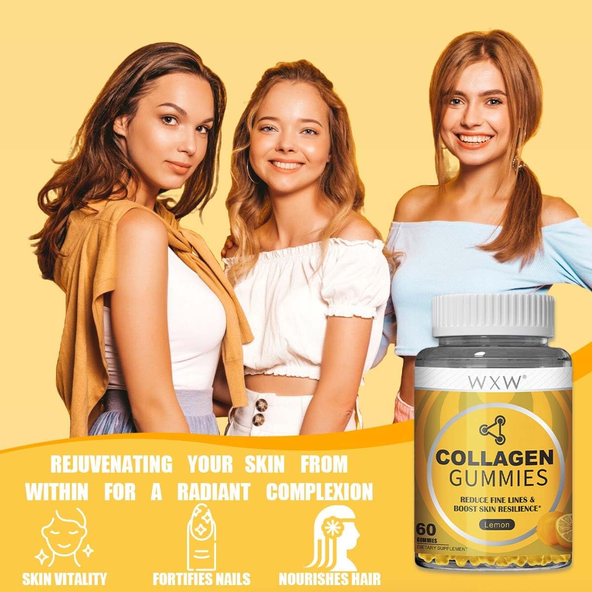 Collagen Peptides Gummies Non-GMO Anti-Aging Formula, Lemon- 60 pcs