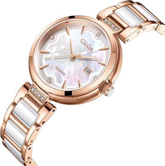 Women's Ceramic Bracelet Watch Luxury Diamond - ROSE Gold / White