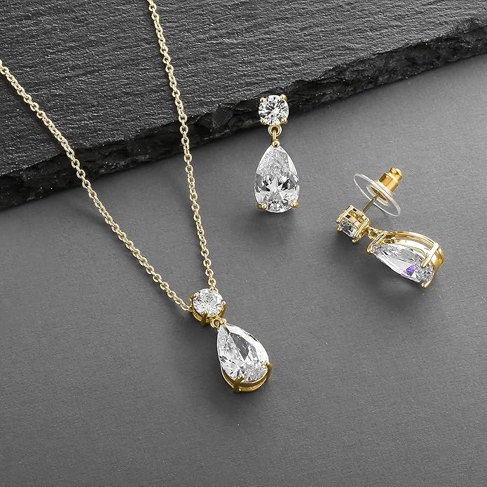 Mariell 14K Gold Plated CZ Teardrop Bridal Necklace and Earring Set