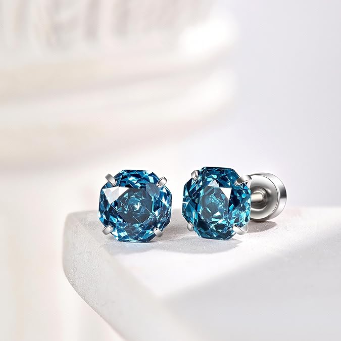 Stud Earrings - Surgical Steel Hypoallergenic Pierced Zircon Earrings - Moonlit Blue