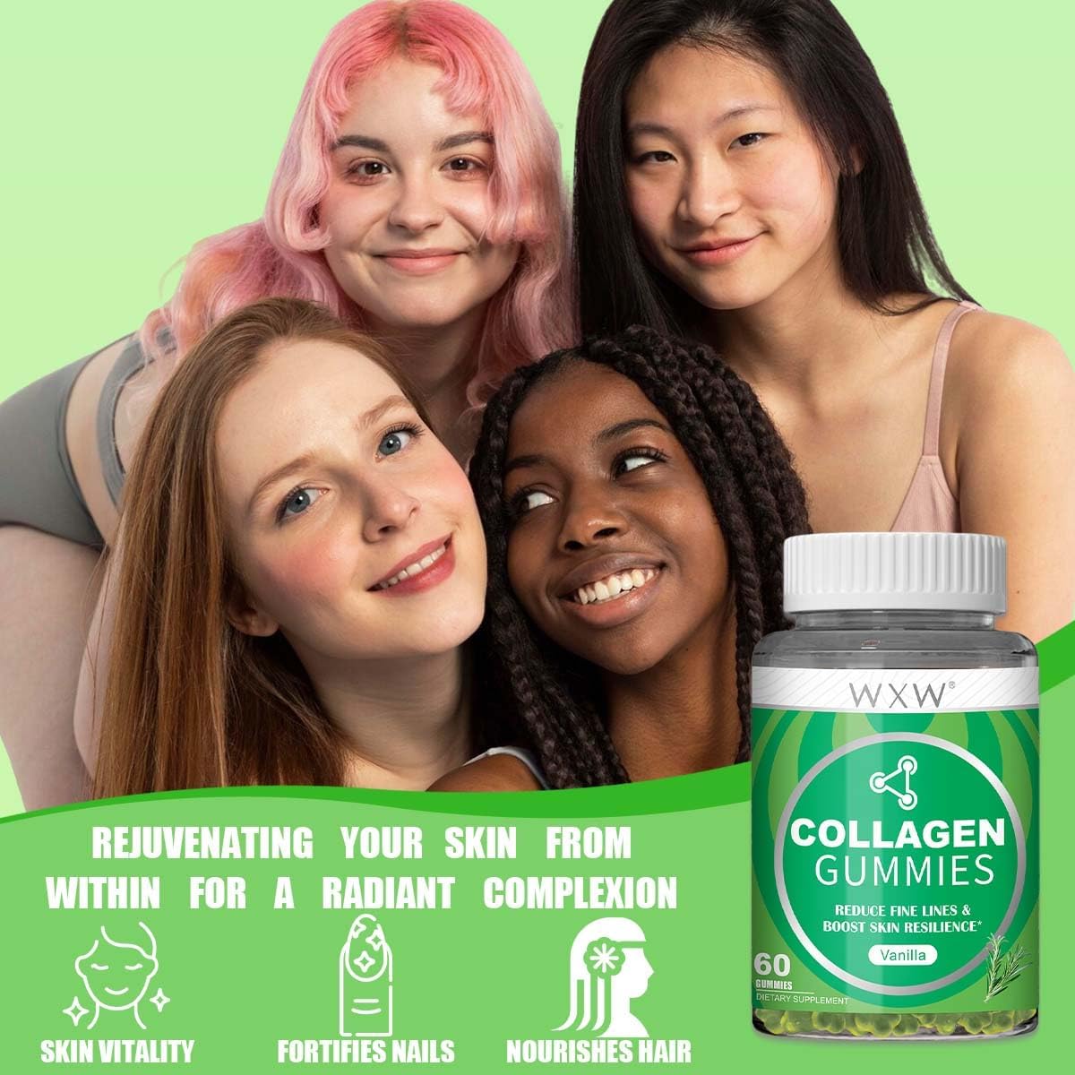 Collagen Peptides Gummies Non-GMO Anti-Aging Formula with Biotin, Vanilla- 60 pcs