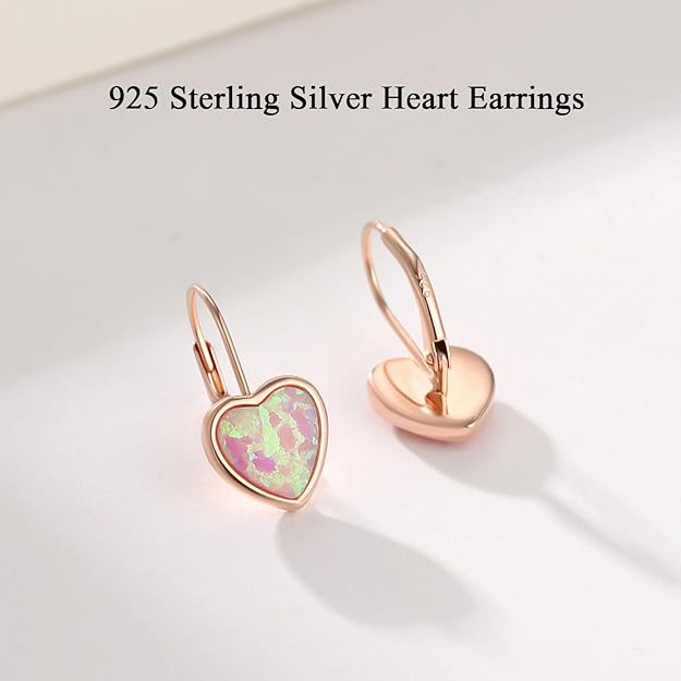 Earrings 925 Sterling Silver Opal Heart for Women