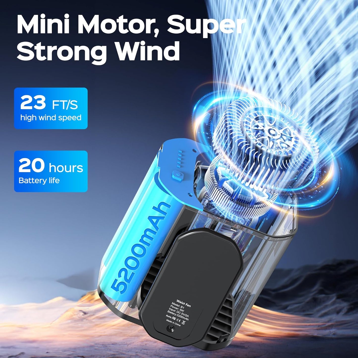 Portable Waist Clip Fan, Up to 20Hrs Mini Personal Rechargeable