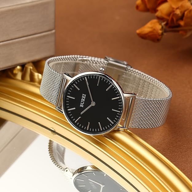 Ladies Watch Stainless Steel Mesh Bracelet Watch Analog Quartz, 34mm - Black Silver