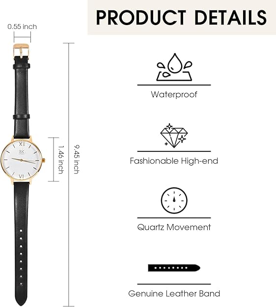 Women's Leather Classic Watch for Small Wrists - Black / Gold
