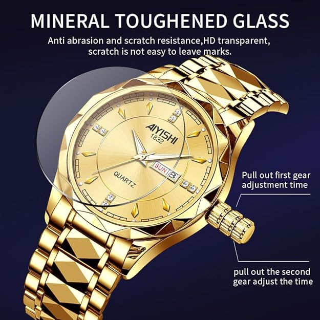 Men's Analog Quartz Watch with Date Display & Luminous Hands Waterproof - GOLD