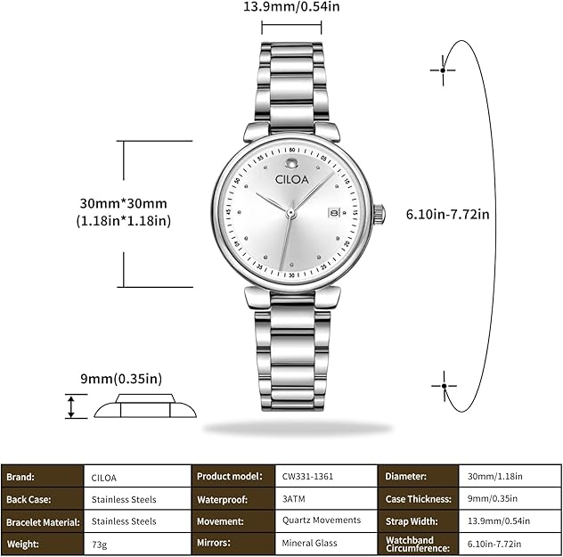 CILOA Watches for Women Waterproof - Silver Round Dial Stainless Steel, 30 mm