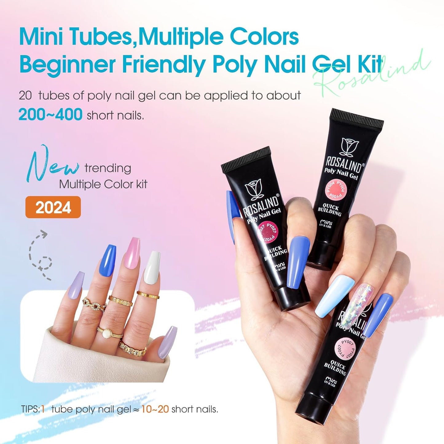 ROSALIND 20 Colors Poly Nail Gel Kit with Mini Nail Lamp